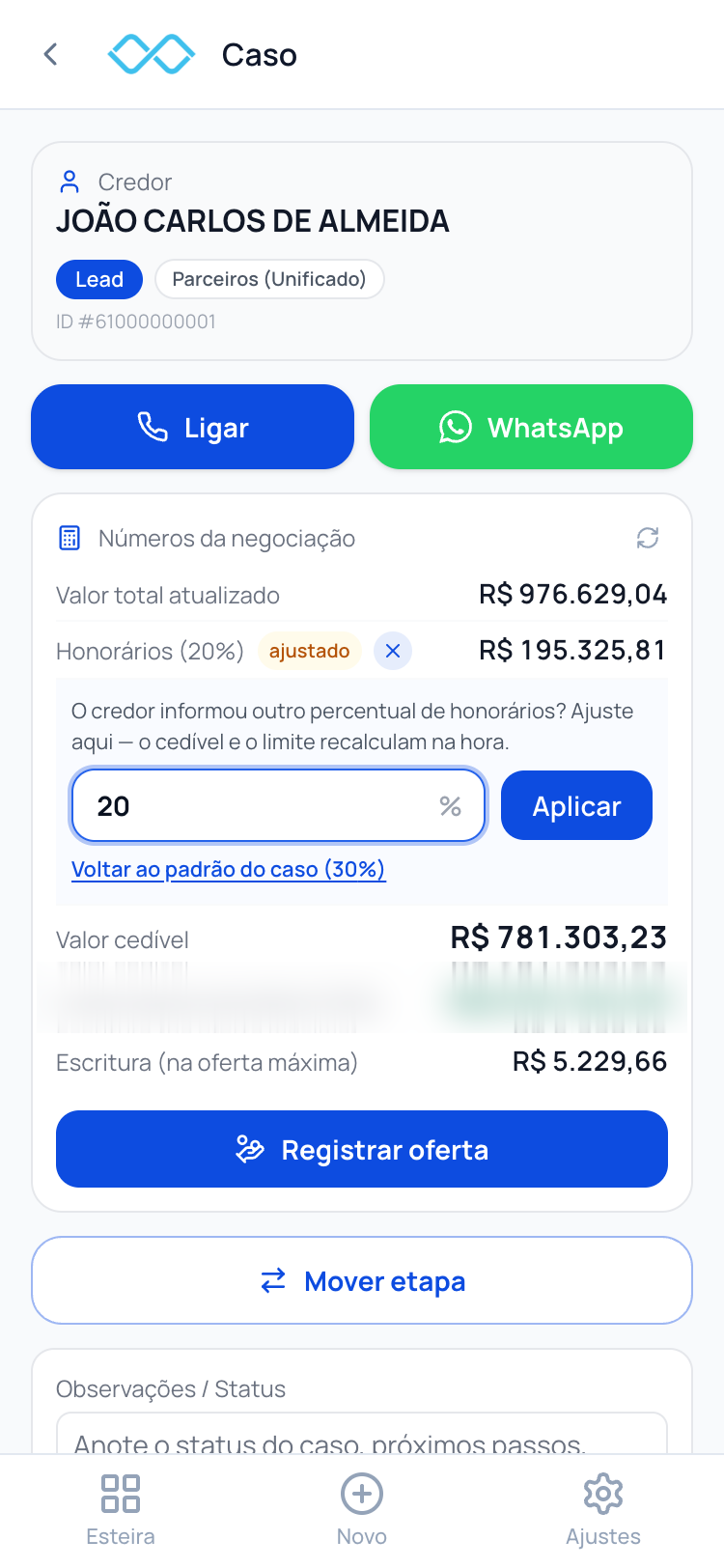 Tela de caso do Lummen Broker com números da negociação e botões de ligação e WhatsApp