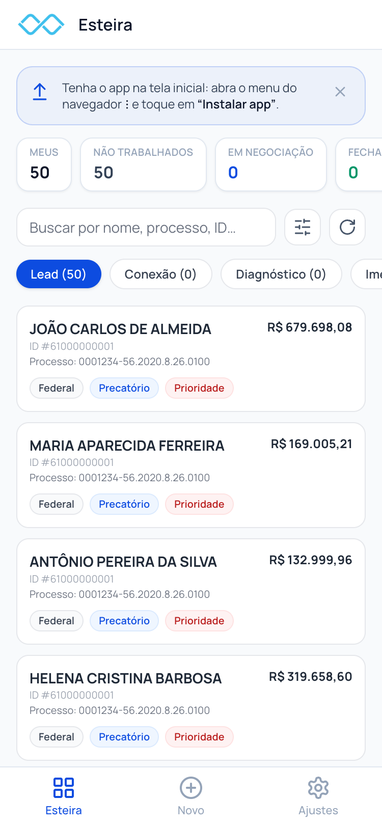 Esteira do Lummen Broker no celular com leads de precatórios por etapa