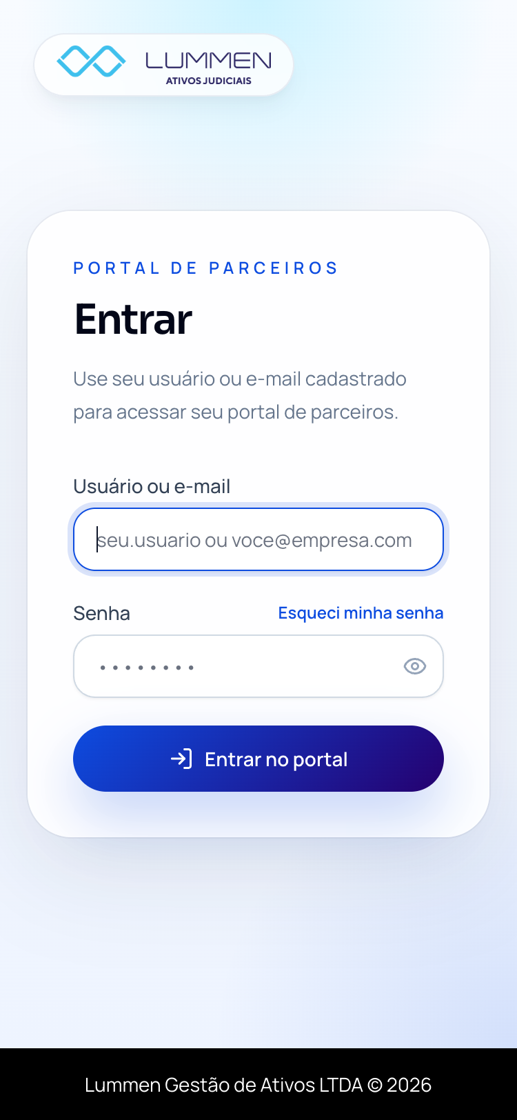 Tela de acesso do Portal de Parceiros Lummen no celular