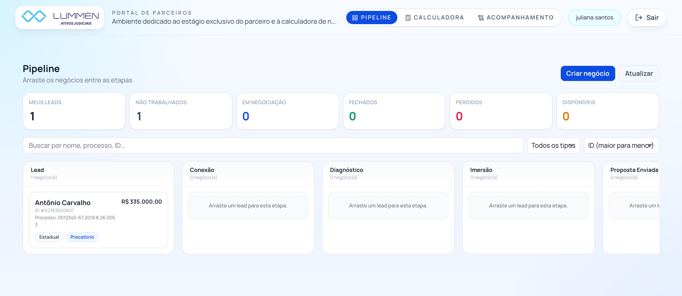 Pipeline do Lummen Broker no desktop com etapas de negociação e contadores de leads