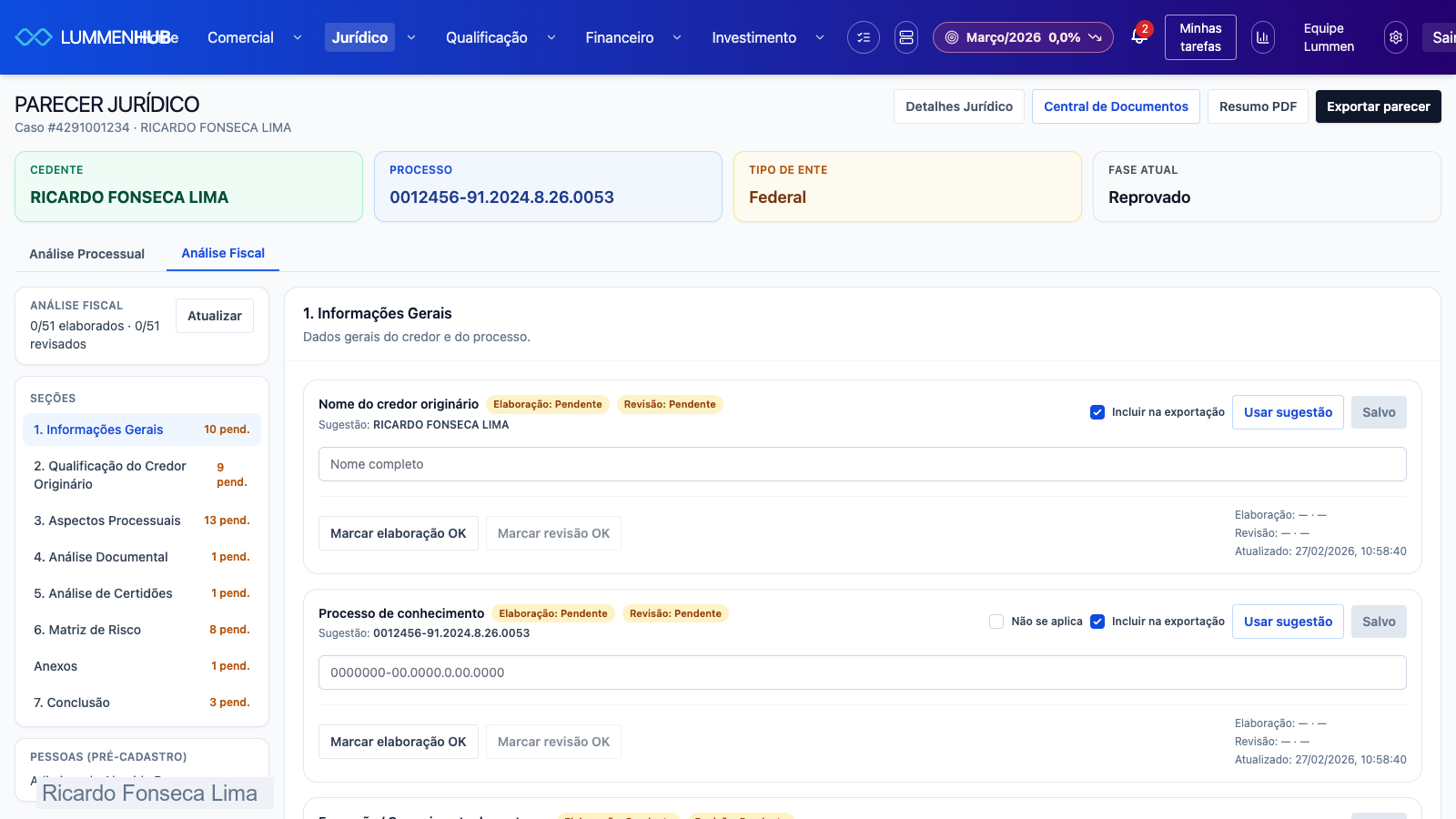 Tela real do parecer fiscal com cabeçalho e preâmbulo, com dados mascarados
